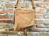 Cross body bag. Boho leather bag in CAMEL brown. Soft genuine suede leather. Crossover, messenger bag in suede. Saddle brown small bag