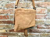 Cross body bag. Boho leather bag in CAMEL brown. Soft genuine suede leather. Crossover, messenger bag in suede. Saddle brown small bag