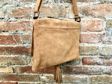 Cross body bag. Boho leather bag in CAMEL brown. Soft genuine suede leather. Crossover, messenger bag in suede. Saddle brown small bag