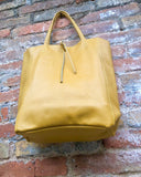 Mustard YELLOW tote leather bag. Soft natural GENUINE leather bag. Large yellow leather shopper with ZIPPER. Laptop or book bag in mustard.