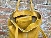 Mustard YELLOW tote leather bag. Soft natural GENUINE leather bag. Large yellow leather shopper with ZIPPER. Laptop or book bag in mustard.