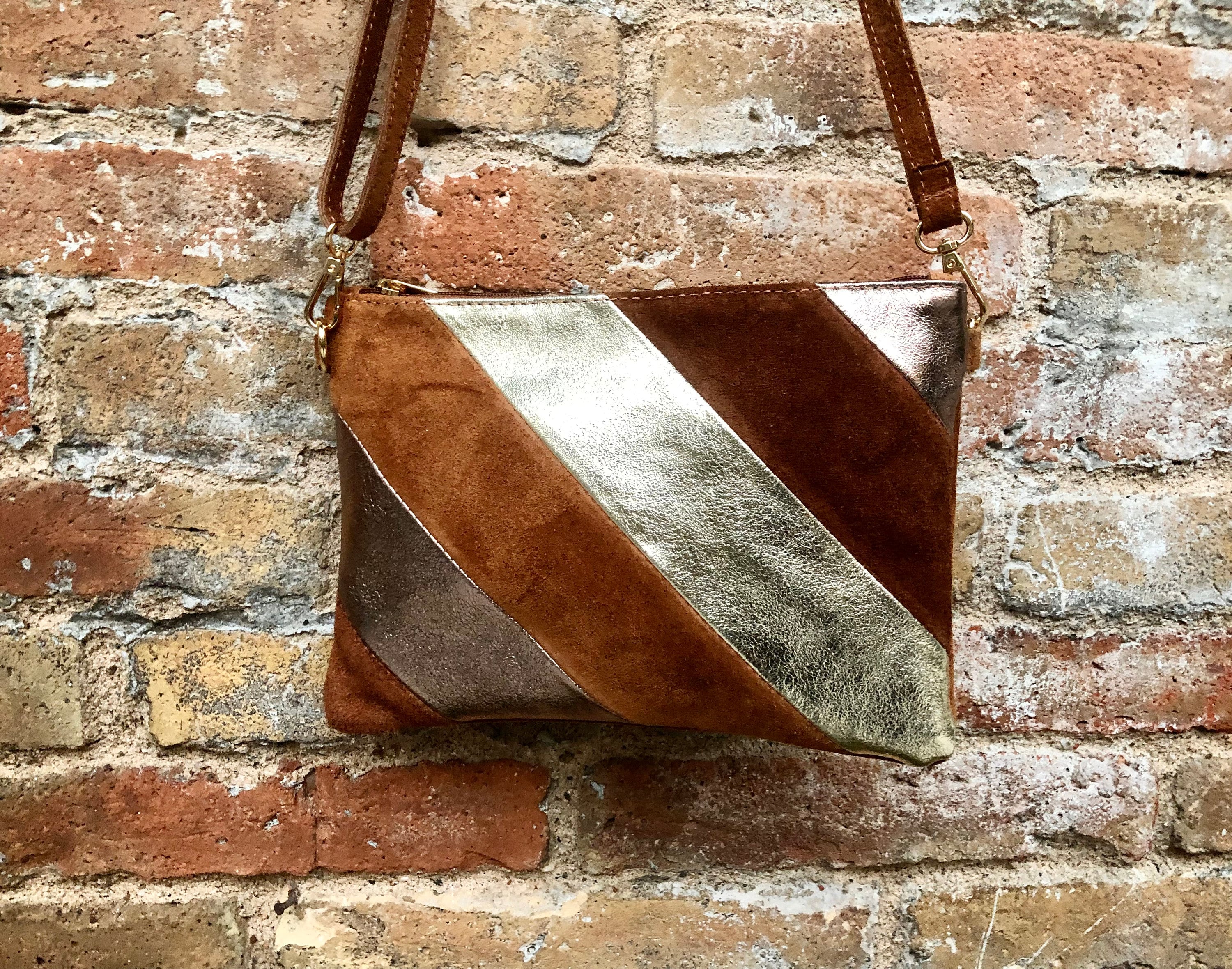 Leather bag and wrap belt set in metallic shine leather. Bronze, gold and brown crossbody or shoulder bag + obi waist belt. Disco 70s purse