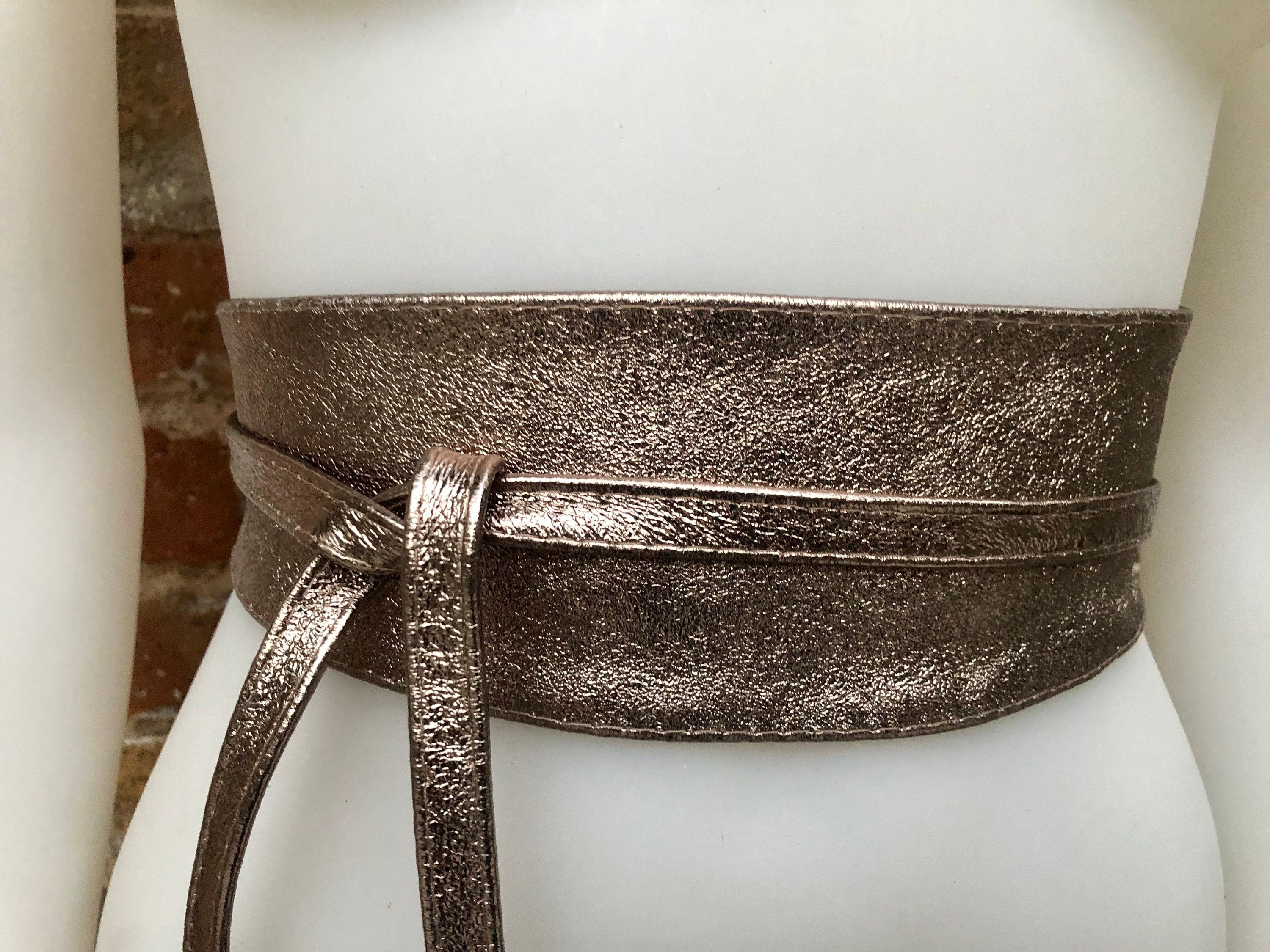 Leather bag and wrap belt set in metallic shine leather. Bronze, gold and brown crossbody or shoulder bag + obi waist belt. Disco 70s purse