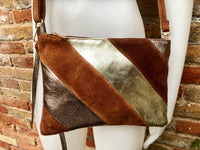 Leather bag and wrap belt set in metallic shine leather. Bronze, gold and brown crossbody or shoulder bag + obi waist belt. Disco 70s purse