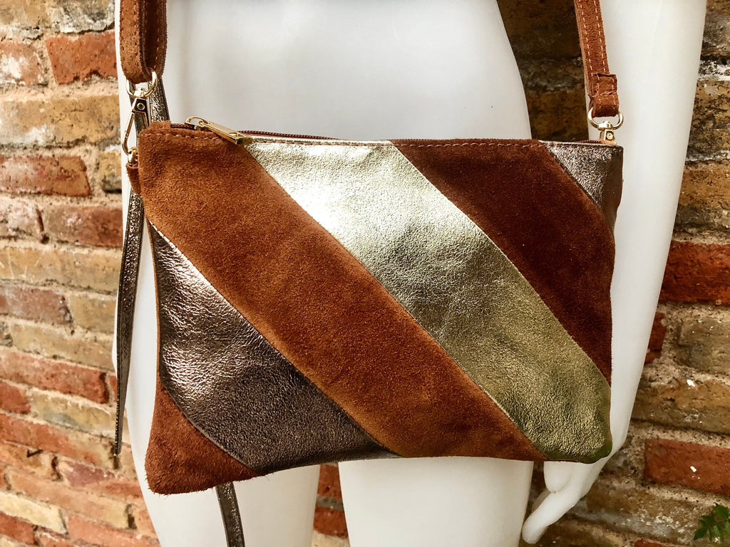Leather bag and wrap belt set in metallic shine leather. Bronze, gold and brown crossbody or shoulder bag + obi waist belt. Disco 70s purse