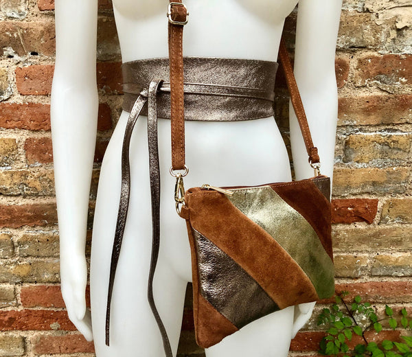 Leather bag and wrap belt set in metallic shine leather. Bronze, gold and brown crossbody or shoulder bag + obi waist belt. Disco 70s purse