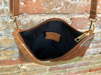 Leather bag and wrap belt set in metallic shine leather. Bronze, gold and brown crossbody or shoulder bag + obi waist belt. Disco 70s purse
