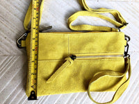 Small YELLOW suede bag. Cross body or shoulder bag in GENUINE suede leather with adjustable strap and zipper. Boho yellow suede purse.