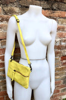 Small YELLOW suede bag. Cross body or shoulder bag in GENUINE suede leather with adjustable strap and zipper. Boho yellow suede purse.