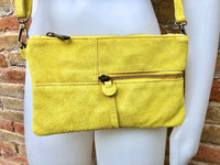 Small YELLOW suede bag. Cross body or shoulder bag in GENUINE suede leather with adjustable strap and zipper. Boho yellow suede purse.