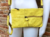 Small YELLOW suede bag. Cross body or shoulder bag in GENUINE suede leather with adjustable strap and zipper. Boho yellow suede purse.