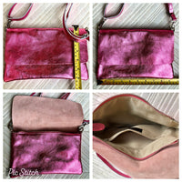 Pink genuine leather bag + obi belt. Metalic laminate leather shoulder / crossbody bag + belt set. Wraparound waist belt + small party bag