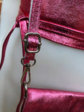 Pink genuine leather bag + obi belt. Metalic laminate leather shoulder / crossbody bag + belt set. Wraparound waist belt + small party bag