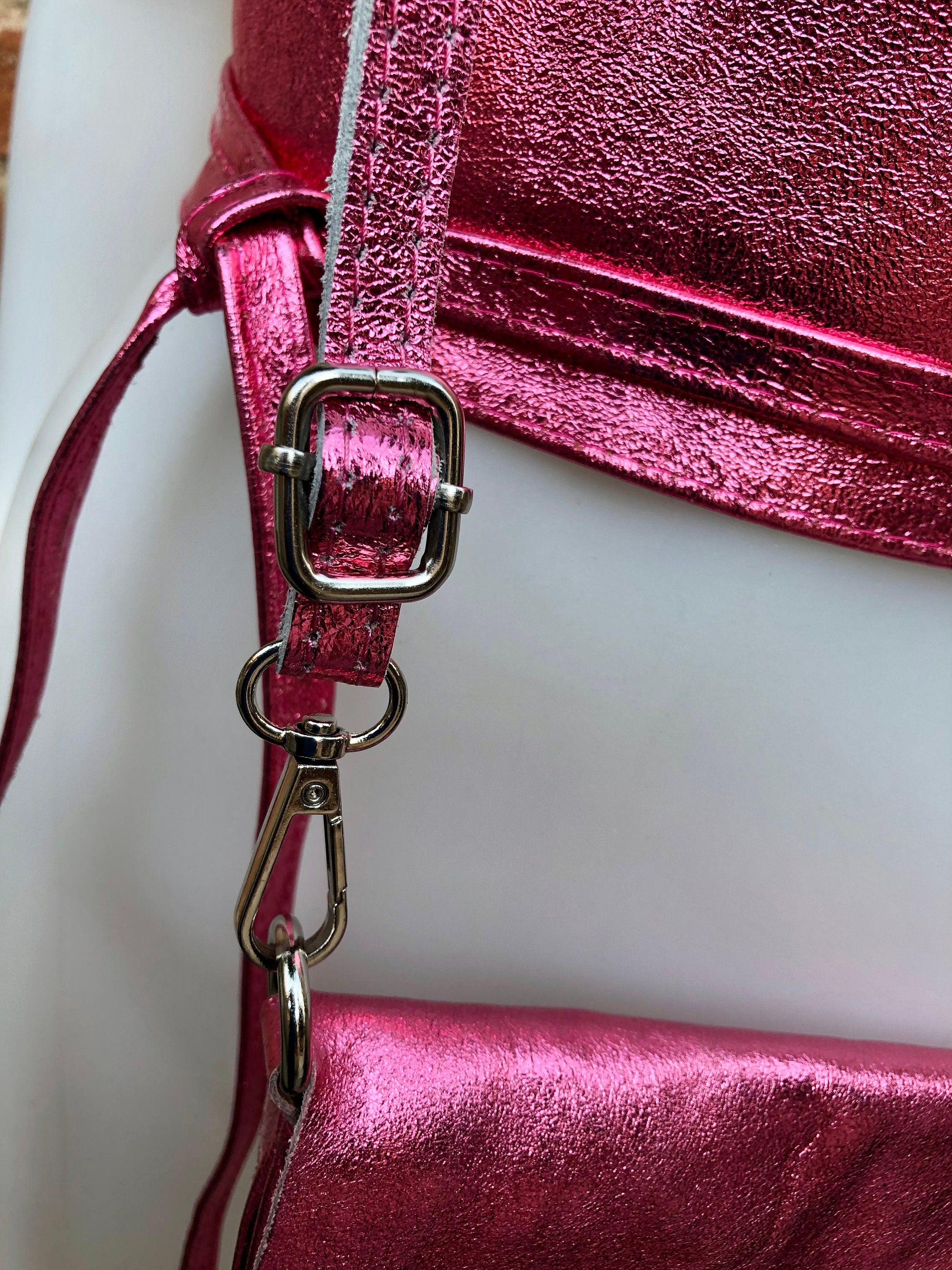 Pink genuine leather bag + obi belt. Metalic laminate leather shoulder / crossbody bag + belt set. Wraparound waist belt + small party bag