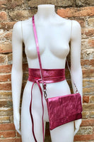 Pink genuine leather bag + obi belt. Metalic laminate leather shoulder / crossbody bag + belt set. Wraparound waist belt + small party bag