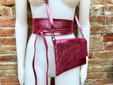 Pink genuine leather bag + obi belt. Metalic laminate leather shoulder / crossbody bag + belt set. Wraparound waist belt + small party bag