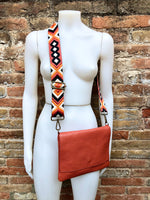 Orange leather bag. 2 straps: 1 leather + 1 guitar strap. GENUINE leather Crossbody / shoulder bag. Orange purse with flap and zipper