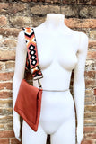 Orange leather bag. 2 straps: 1 leather + 1 guitar strap. GENUINE leather Crossbody / shoulder bag. Orange purse with flap and zipper