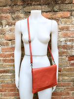 Orange leather bag. 2 straps: 1 leather + 1 guitar strap. GENUINE leather Crossbody / shoulder bag. Orange purse with flap and zipper