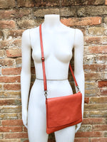 Orange leather bag. 2 straps: 1 leather + 1 guitar strap. GENUINE leather Crossbody / shoulder bag. Orange purse with flap and zipper