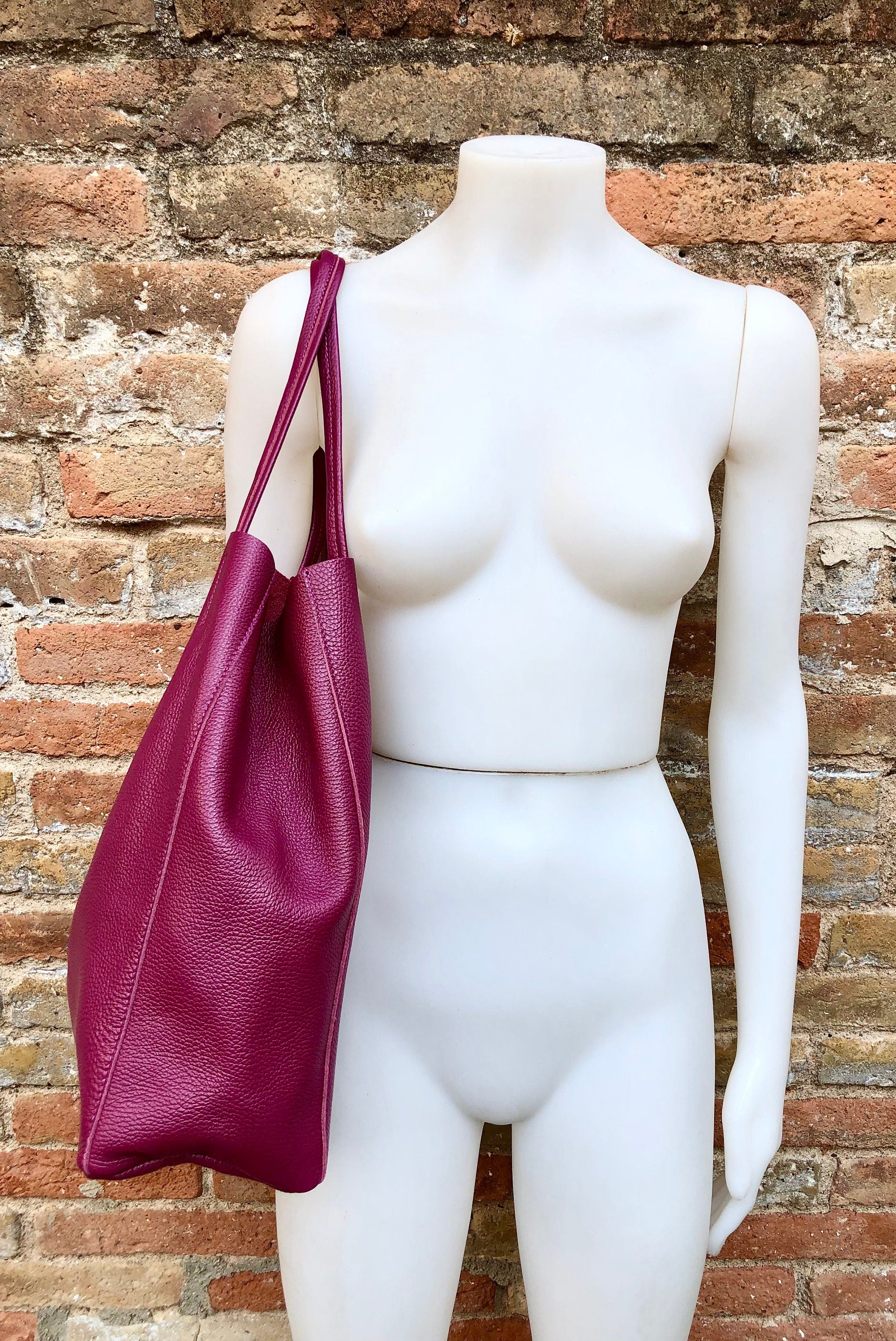Tote leather bag in PLUM burgundy. Leather shopper bag in soft natural GENUINE leather. Large wine red carry all bag for your laptop, books