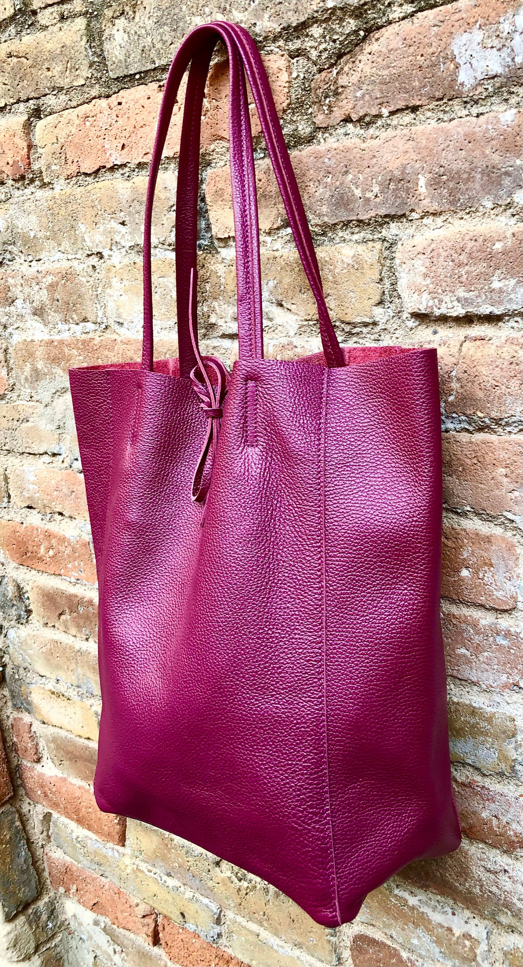 Tote leather bag in PLUM burgundy. Leather shopper bag in soft natural GENUINE leather. Large wine red carry all bag for your laptop, books