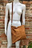 Camel brown suede messenger bag with brown strap. Soft genuine leather crossbody / shoulder bag .or books, tablets. Brown suede purse