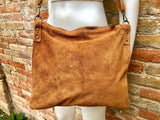 Camel brown suede messenger bag with brown strap. Soft genuine leather crossbody / shoulder bag .or books, tablets. Brown suede purse