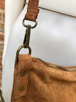 Camel brown suede messenger bag with brown strap. Soft genuine leather crossbody / shoulder bag .or books, tablets. Brown suede purse