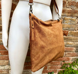 Camel brown suede messenger bag with brown strap. Soft genuine leather crossbody / shoulder bag .or books, tablets. Brown suede purse