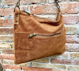 Camel brown suede messenger bag with brown strap. Soft genuine leather crossbody / shoulder bag .or books, tablets. Brown suede purse