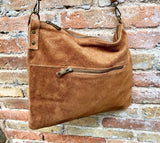 Camel brown suede messenger bag with brown strap. Soft genuine leather crossbody / shoulder bag .or books, tablets. Brown suede purse