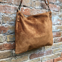 Camel brown suede messenger bag with brown strap. Soft genuine leather crossbody / shoulder bag .or books, tablets. Brown suede purse