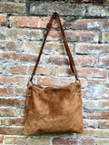 Camel brown suede messenger bag with brown strap. Soft genuine leather crossbody / shoulder bag .or books, tablets. Brown suede purse