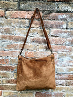 Camel brown suede messenger bag with brown strap. Soft genuine leather crossbody / shoulder bag .or books, tablets. Brown suede purse