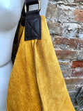 Mustard yellow slouch leather bag. Soft suede boho - hobo bag. Book or tablet bags in genuine suede leather. Yellow + brown leather shopper