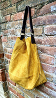 Mustard yellow slouch leather bag. Soft suede boho - hobo bag. Book or tablet bags in genuine suede leather. Yellow + brown leather shopper