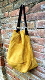 Mustard yellow slouch leather bag. Soft suede boho - hobo bag. Book or tablet bags in genuine suede leather. Yellow + brown leather shopper