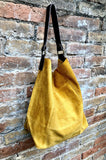 Mustard yellow slouch leather bag. Soft suede boho - hobo bag. Book or tablet bags in genuine suede leather. Yellow + brown leather shopper