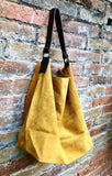 Mustard yellow slouch leather bag. Soft suede boho - hobo bag. Book or tablet bags in genuine suede leather. Yellow + brown leather shopper