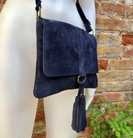 Cross body bag. BOHO suede leather bag in NAVY BLUE. Soft genuine suede leather. Blue purse, small messenger bag with flap and tassel