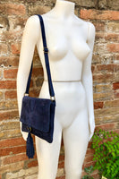 Cross body bag. BOHO suede leather bag in NAVY BLUE. Soft genuine suede leather. Blue purse, small messenger bag with flap and tassel