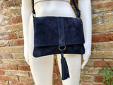 Cross body bag. BOHO suede leather bag in NAVY BLUE. Soft genuine suede leather. Blue purse, small messenger bag with flap and tassel