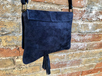 Cross body bag. BOHO suede leather bag in NAVY BLUE. Soft genuine suede leather. Blue purse, small messenger bag with flap and tassel