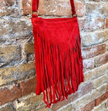 Cross body bag. BOHO suede leather bag in RED with fringes. Messenger bag in soft genuine suede leather. Dark red crossbody hippy bag