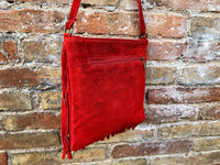 Cross body bag. BOHO suede leather bag in RED with fringes. Messenger bag in soft genuine suede leather. Dark red crossbody hippy bag