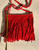 Cross body bag. BOHO suede leather bag in RED with fringes. Messenger bag in soft genuine suede leather. Dark red crossbody hippy bag