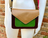 Small cross body bag in genuine leather. Enveloppe bag with adjustable strap + flap. Boho multicolor purse: green, brown, pink, burgundy,tan