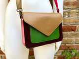 Small cross body bag in genuine leather. Enveloppe bag with adjustable strap + flap. Boho multicolor purse: green, brown, pink, burgundy,tan