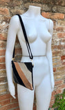 Small party bag in metallic shine leather. Black, beige and bronze cross body or shoulder bag in GENUINE leather. Adjustable strap.Disco 70s